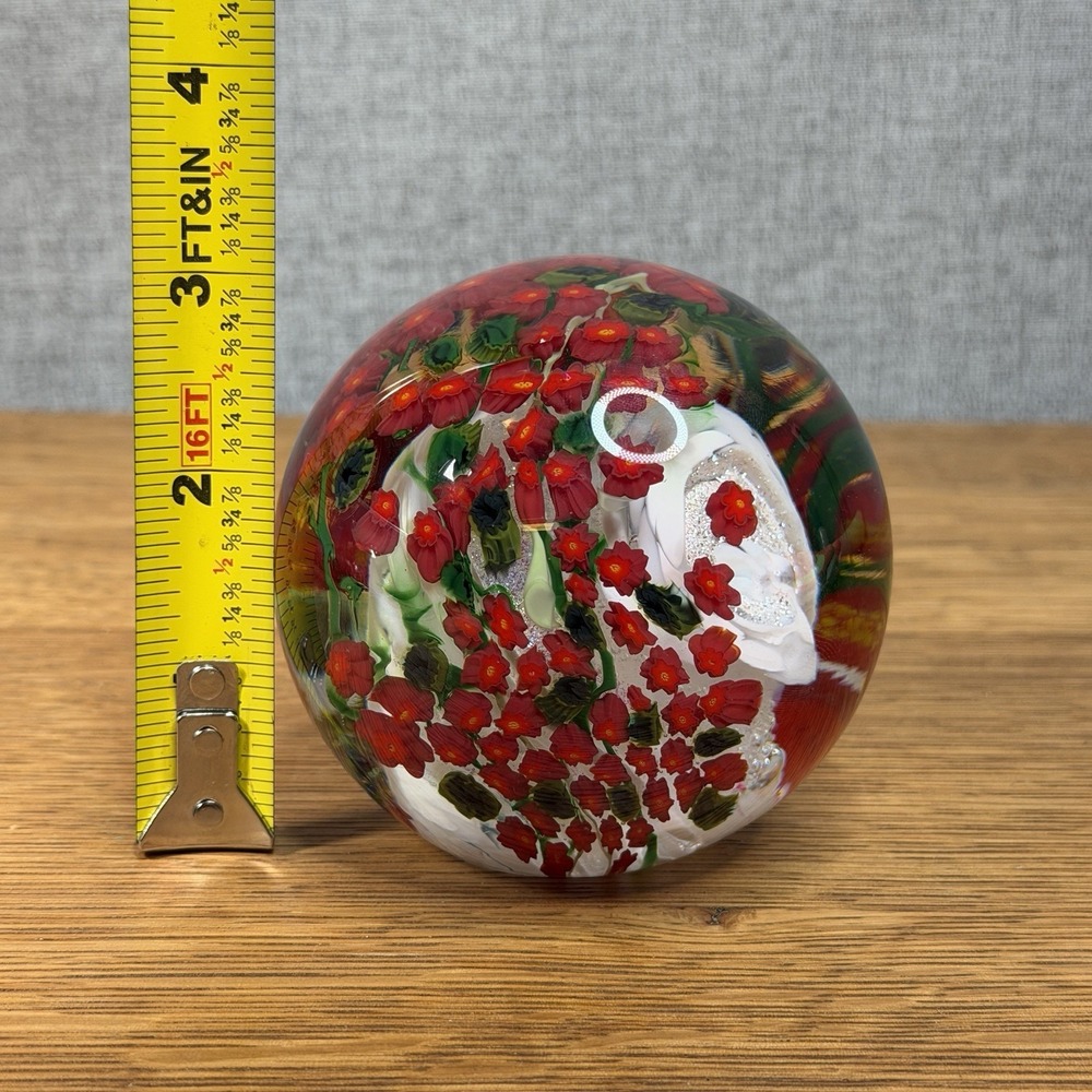 Shawn Messenger "Poinsettia" 2011 Signed Magnum Art Glass Floral Paperweight - Picture 9 of 10